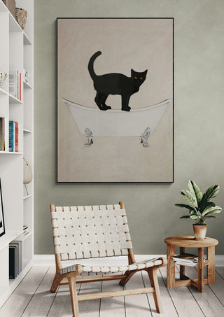 Art print of a black cat standing on a bathtub by Coco de Paris, displayed in a modern living room setting.