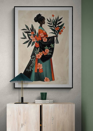 Framed art of a woman in a floral kimono holding flowers, featured for Floral Serenity by Elara Monet.