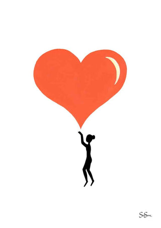 Minimalist poster of a person reaching up to touch a large red heart, design by Sara Sonne.