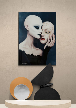 Artwork titled "True Love Connections" by Martin Zen, showing a figure holding a mask-like face near their own.