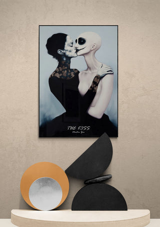 Poster of "The Kiss 2025 - Martin Zen" showing two abstract figures, one with a skull face, embracing.