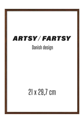 Solid wooden frame in dark brown, 21x30 cm, displaying a minimal print with "ARTSY / FARTSY" and "Danish design".