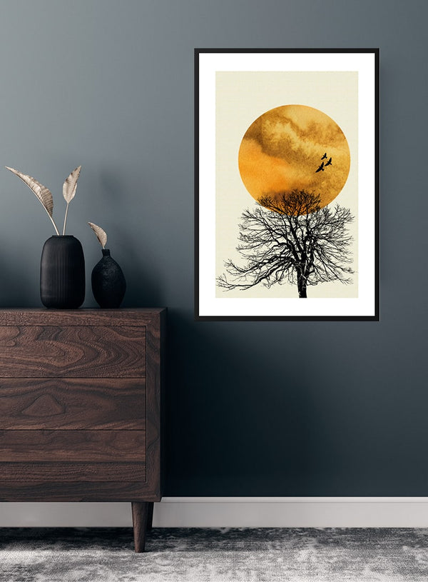 Sonnenaufgangsvögel und ein Baumplakat