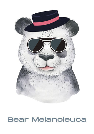 Cool panda poster for kids featuring a panda with sunglasses and a hat, text reads "Bear Melanoleuca".