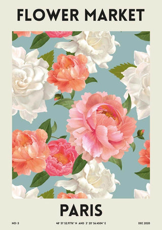 Poster featuring vibrant pink and white flowers with "Flower Market Paris" text on a soft blue background.