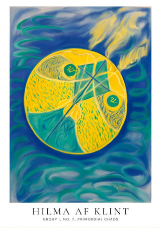 Abstract artwork of swirling blue and yellow forms in a circle, featured on Hilma Af Klint - Primordial Chaos product page.