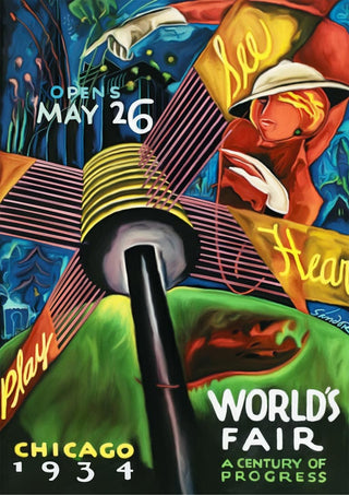 Colorful vintage poster for the 1934 Chicago World’s Fair, featuring bold text and dynamic Art Deco artwork.