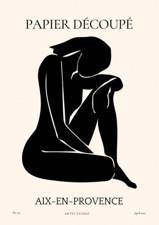 Minimalist black silhouette artwork of a seated figure, titled "Papier Découpé" for living room decor.