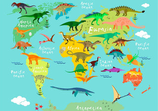 Colorful world map for kids showing dinosaurs across continents with labels like North America, Eurasia, and Africa.