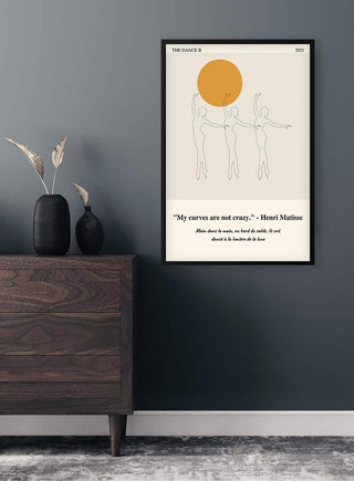 Minimalist poster of Matisse's The Dance II with outlined figures and orange sun, framed on a gray wall.