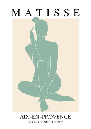 Minimalist green cut-out artwork of a seated nude woman in Matisse style on a beige background.