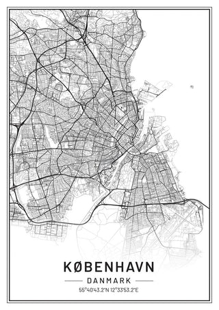 Black and white city map poster of Copenhagen, titled "KØBENHAVN DANMARK" with coordinates at the bottom.
