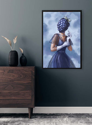 Framed Blackberry Fashion - Kate Aitana artwork featuring a woman with a blackberry head in elegant attire.