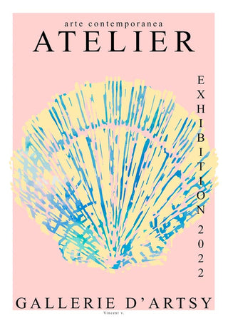 Art Shell Exhibition 2022 poster featuring a pastel shell illustration for Vincent V. at Gallerie d’Artsy.