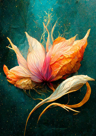 Abstract flower with orange, pink, and white petals on a teal background from Fantasi Blomst 1 by Winnie Møller.