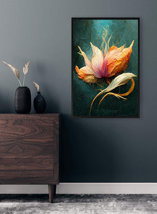 Fantasi Blomst 1 by Winnie Møller, floral artwork in a modern interior with dark wood dresser and vases.