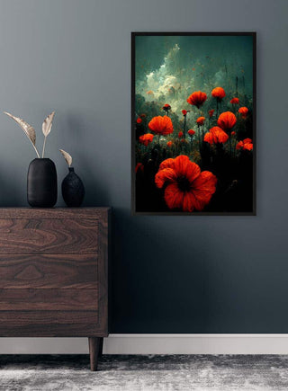 Framed "Valmue Mark" artwork by Winnie Møller featuring vibrant red poppies on a dark wall above a wooden dresser.