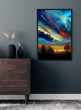 Fantasi i Himlen 1 by Winnie Møller displayed on a dark wall above a wooden dresser in a modern room.