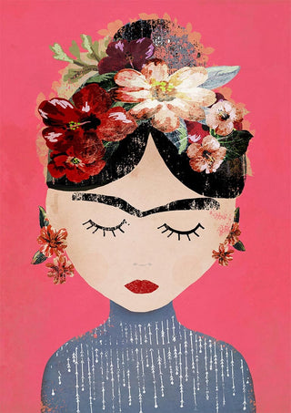 Stylized portrait of a woman with floral crown and earrings on a pink background, artwork for Pink Mexican -Treechild.