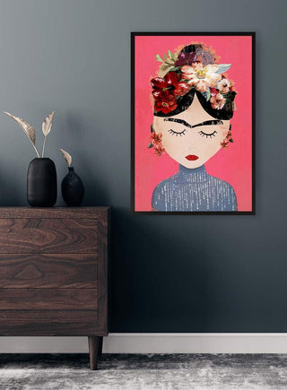 Framed "Pink Mexican - Treechild" artwork featuring a stylized woman with floral headpiece on a pink background.