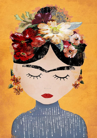 Artistic portrait of a woman with floral headpiece, bold brows, and closed eyes on a yellow background.