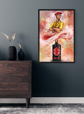 Framed Geenie Groni artwork by Danii Steinfeldt featuring a figure above a bottle, displayed in a modern room.