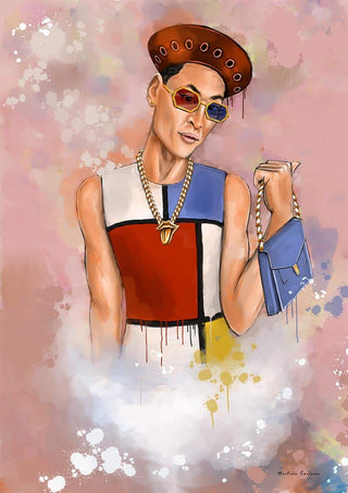 Stylish figure in colorful geometric dress, gold chains, sunglasses, and hat holding a blue purse on pastel background.