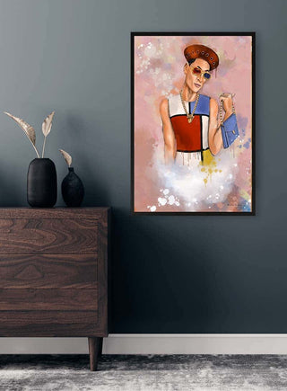 Framed "Baby, I am Fashion" by Martina Karlsson hanging on a gray wall above a wooden dresser.