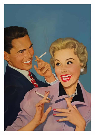 Retro-style illustration of a smiling man and woman holding cigarettes, featured on Lift me up by Martina Karlsson.