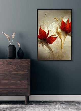 Framed "Røde Fantasi Blomster" artwork by Winnie Møller with red abstract flowers on a modern wall.