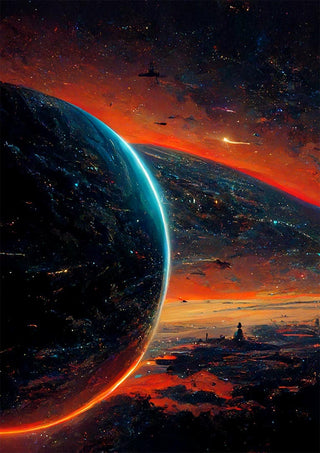Colorful space scene with two glowing planets and vibrant orange-red cosmic clouds, inspired by Winnie Møller.