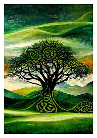 Abstract tree with green Celtic patterns, set against rolling hills and a swirling night sky; cover of Green Midnight.