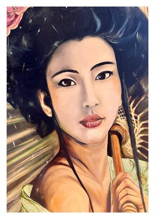 Portrait of an elegant woman with dark hair, holding a parasol, from "Take me to Shanghai" by Martina Karlsson.