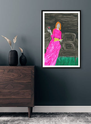 Framed print of "Beautiful Poem" by Martina Karlsson on a dark wall above a wooden dresser with a vase.