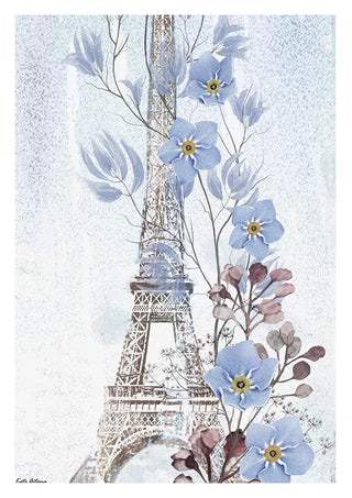 Art print of the Eiffel Tower with blue and purple flowers, inspired by Blue Paris - Kate Aitana.