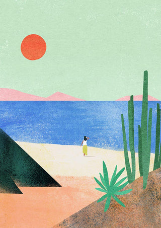 Minimalist illustration of a girl on a beach with cacti, blue sea, distant mountains, and an orange sun.