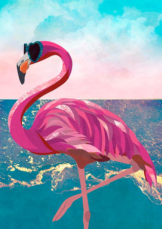 Illustration of a pink flamingo wearing sunglasses, standing by the seaside under a blue sky.