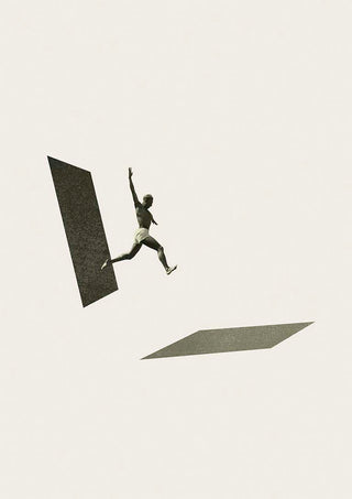 Surreal art of a person leaping between two platforms, from Not the one to wait by Maarten Léon.