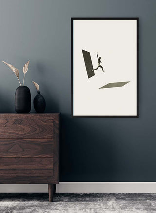 Framed "Not the one to wait" by Maarten Léon displayed above a wooden dresser in a modern room.