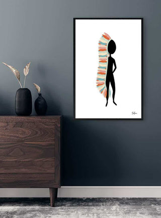 Framed "Wisdom" art by Sara Sonne featuring a silhouetted figure with a colorful feathered headdress.