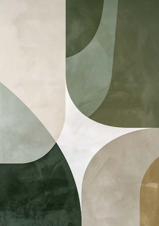 Abstract geometric art in green, beige, and white tones representing interconnected parallel universes.