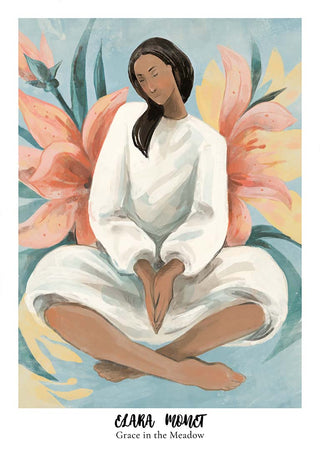 An illustrated woman in a white dress sits cross-legged with flowers and leaves behind her; "Grace in the Meadow."