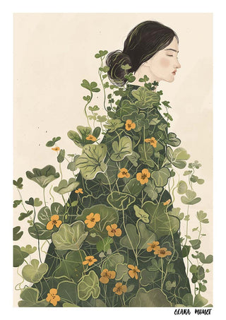 Art print of a woman draped in lush green leaves and orange flowers, from Floral Symphony by Elara Monet.
