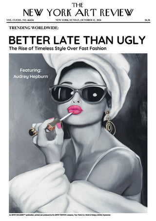 Audrey - Art Review Plakat featuring a stylish woman in sunglasses applying lipstick, evoking timeless elegance.