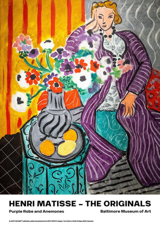 Painting of a woman in a purple robe seated by anemones, inspired by Henri Matisse's "Purple Robe and Anemones."