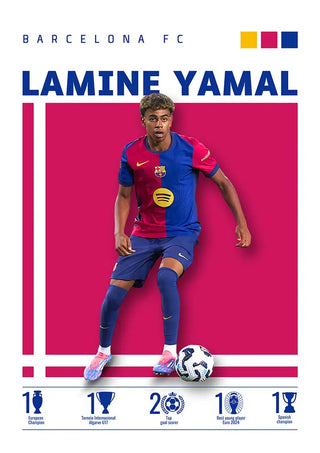 Poster of Lamine Yamal in Barcelona FC kit with club achievements at the bottom, featured on a football product page.