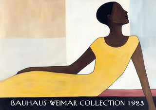 Stylized woman in a yellow dress lounging, Bauhaus Weimar Collection 1923 by David Wolf.