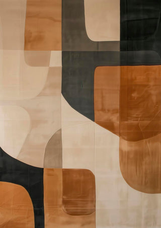 Abstract area rug with curved shapes in beige, brown, and dark gray tones; Autumn Dream 02 collection.