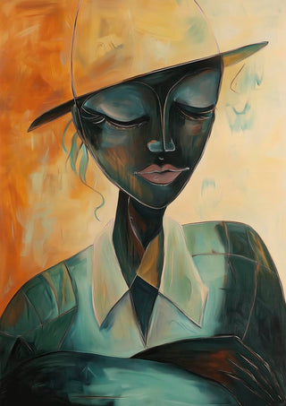 Abstract portrait of a serene person in a hat, green jacket, and white shirt. Art style for All About - Martin Zen.
