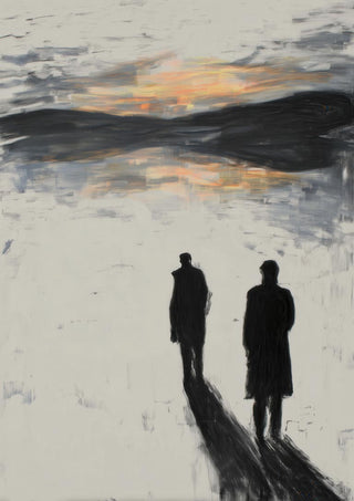 Two people in dark coats walk along a reflective surface at sunset, inspired by "Strolling" by Martin Zen.